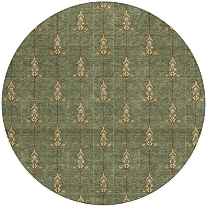 8' Olive Green And Brown Round Geometric Washable Indoor Outdoor Area Rug HomeRoots