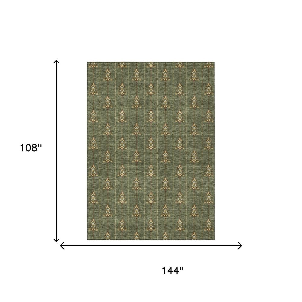 9' X 12' Olive Green And Brown Geometric Washable Indoor Outdoor Area Rug HomeRoots