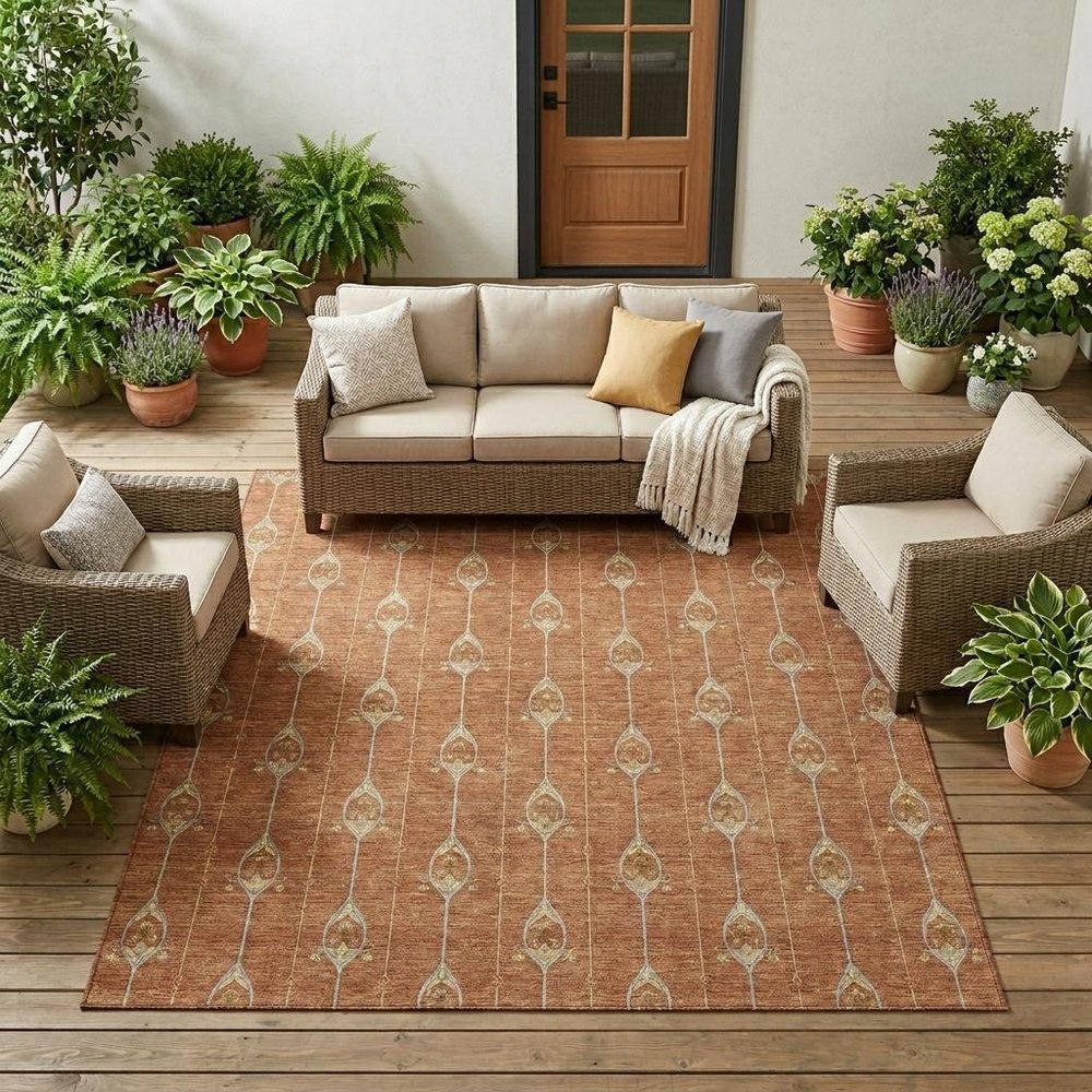 9' X 12' Rust And Linen Geometric Washable Indoor Outdoor Area Rug HomeRoots