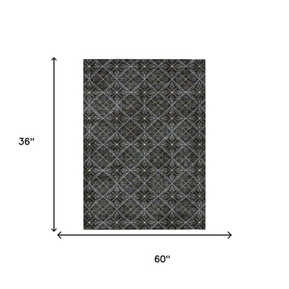 3' X 5' Black And Green Geometric Washable Indoor Outdoor Area Rug HomeRoots
