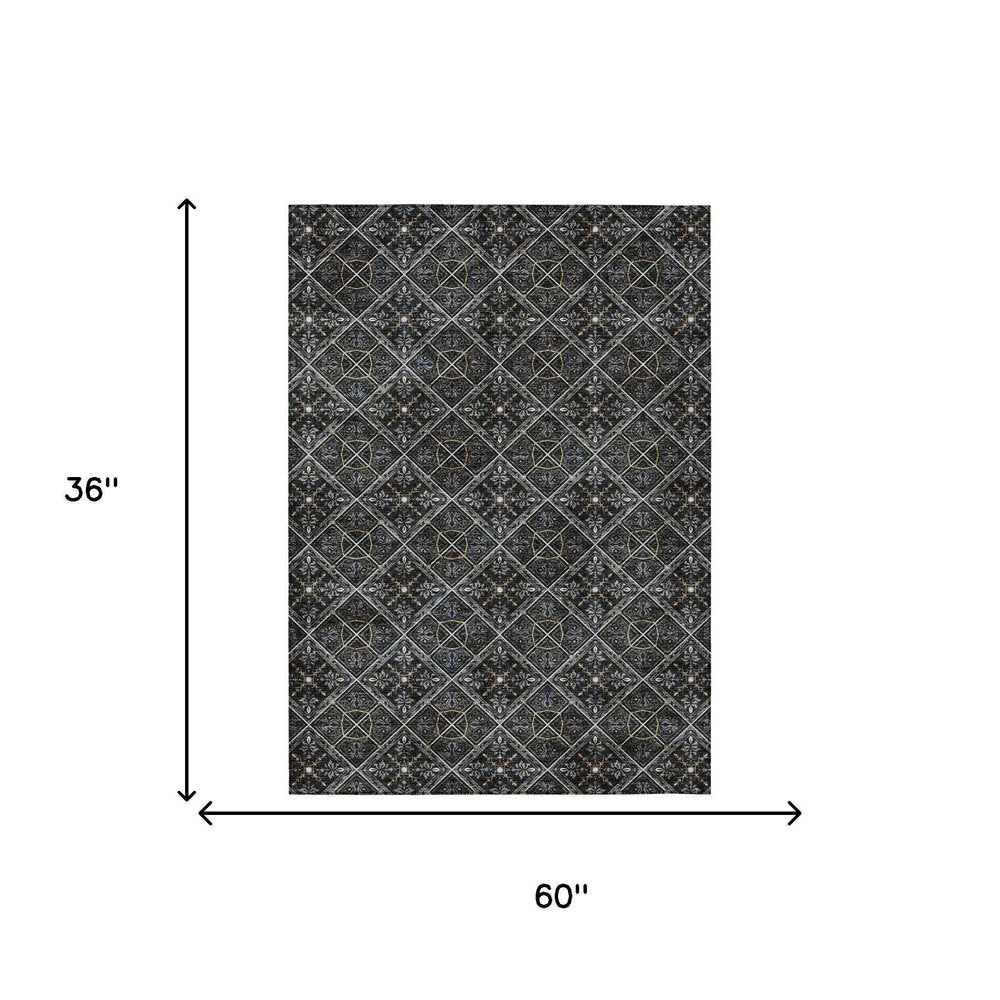 3' X 5' Black And Green Geometric Washable Indoor Outdoor Area Rug HomeRoots