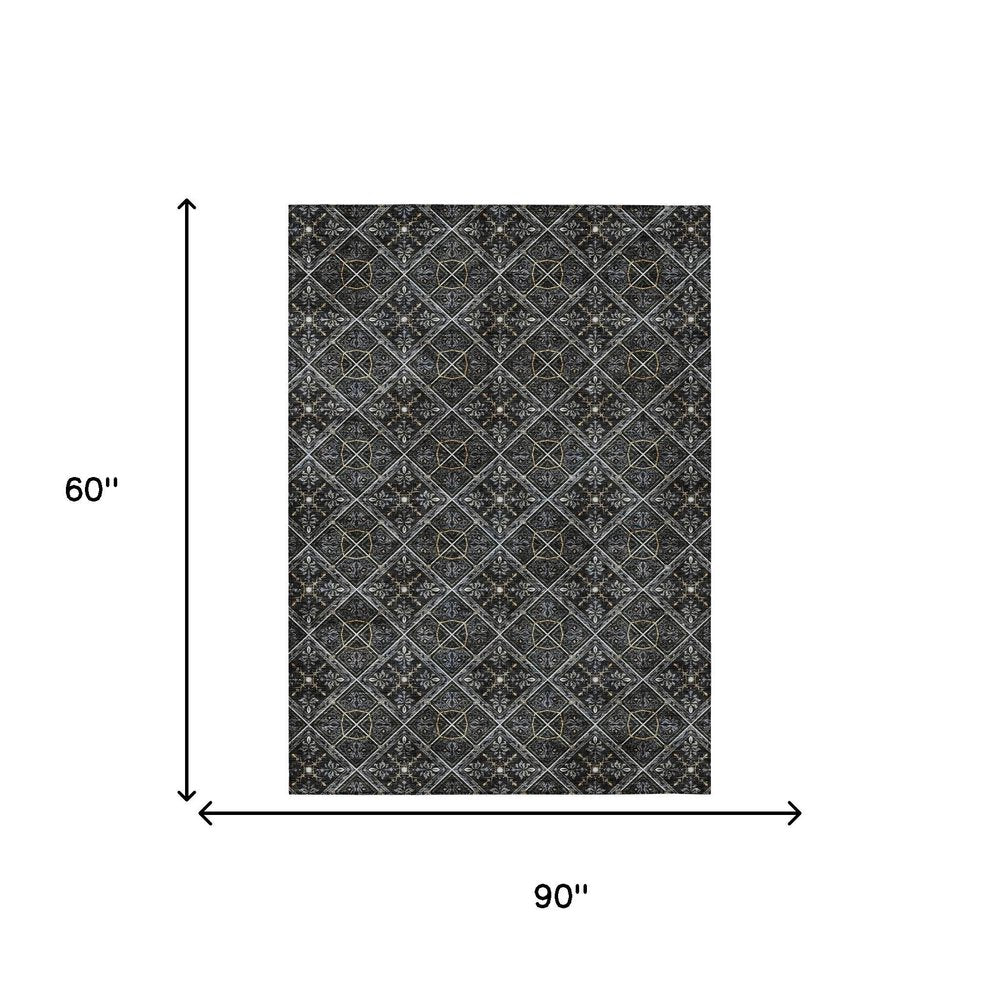 5' X 8' Black And Green Geometric Washable Indoor Outdoor Area Rug HomeRoots