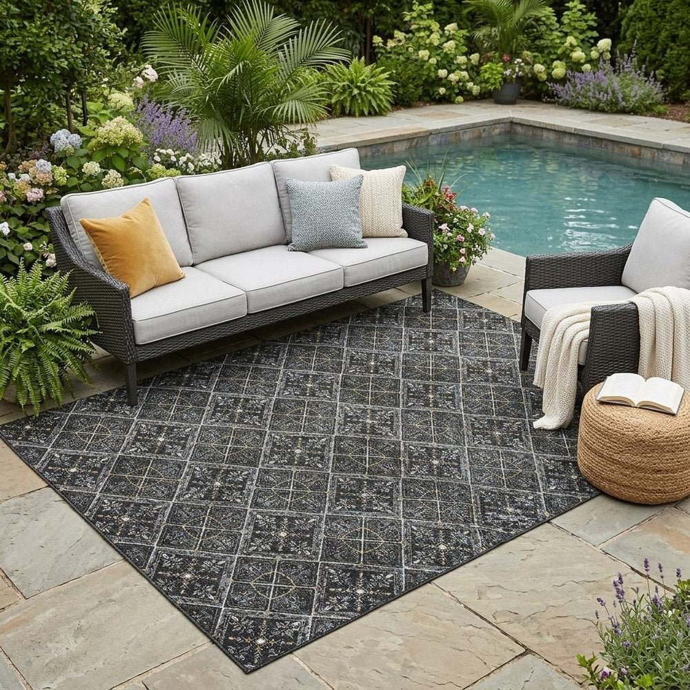 5' X 8' Black And Green Geometric Washable Indoor Outdoor Area Rug HomeRoots