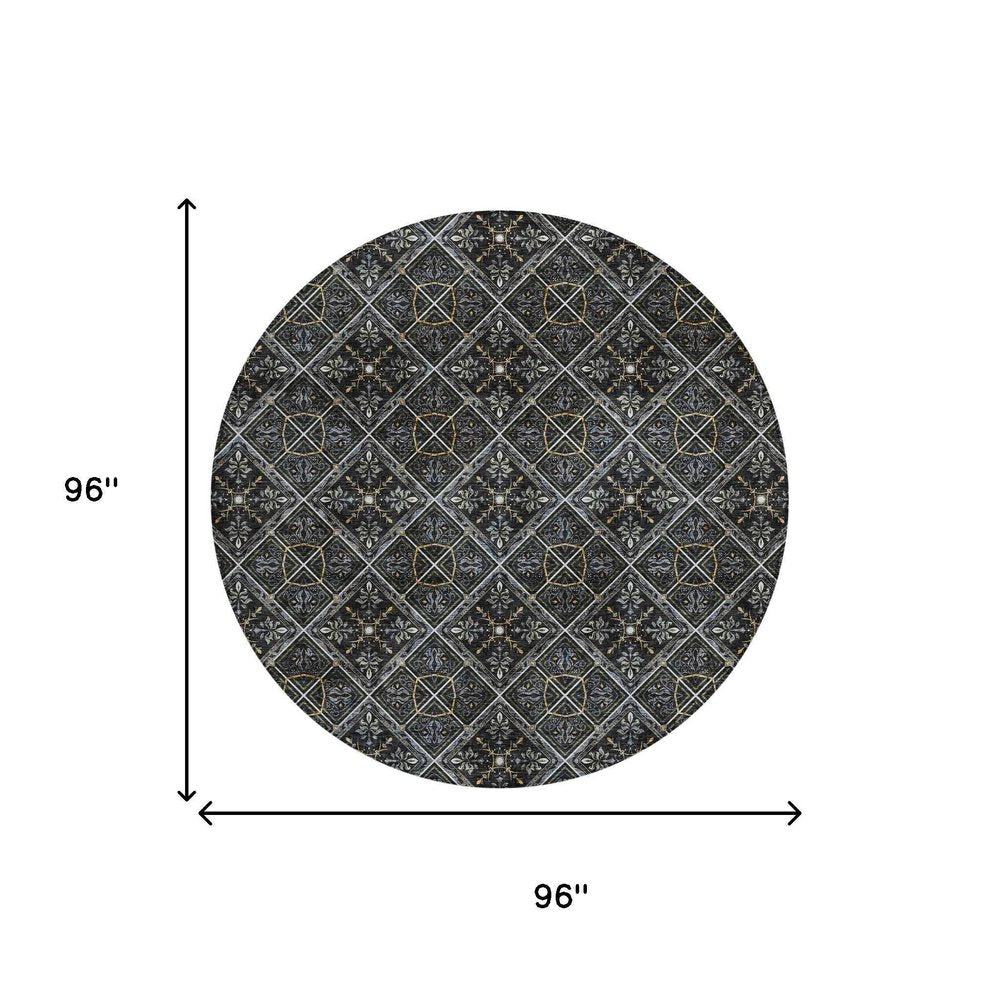 8' Black And Green Round Geometric Washable Indoor Outdoor Area Rug HomeRoots
