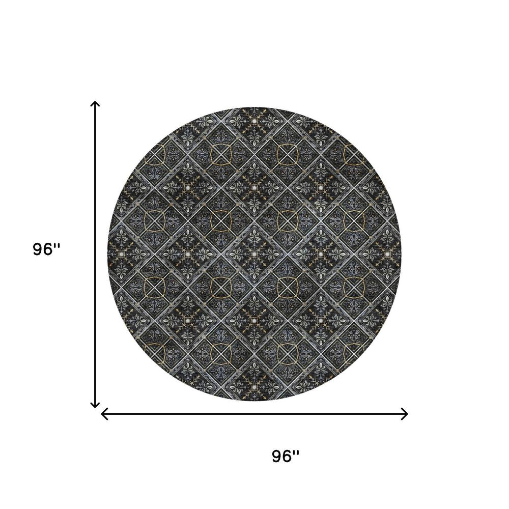 8' Black And Green Round Geometric Washable Indoor Outdoor Area Rug HomeRoots
