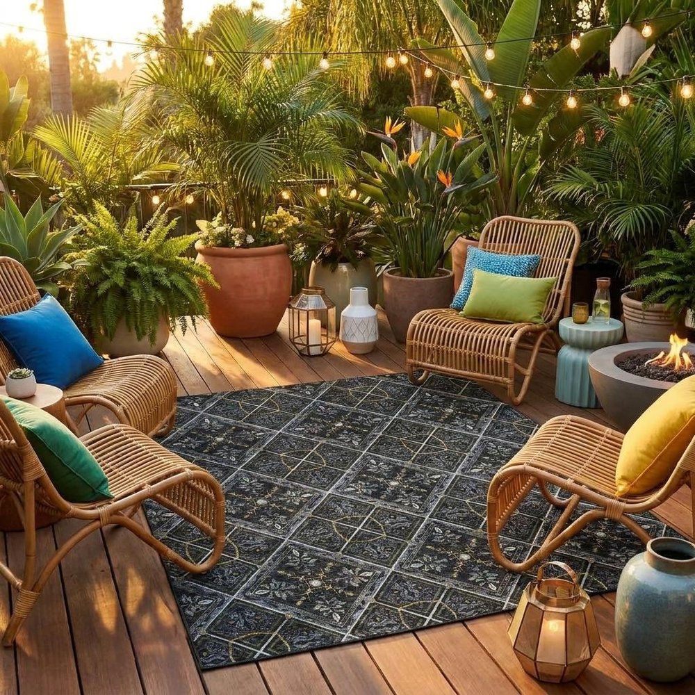 8' Black And Green Round Geometric Washable Indoor Outdoor Area Rug HomeRoots
