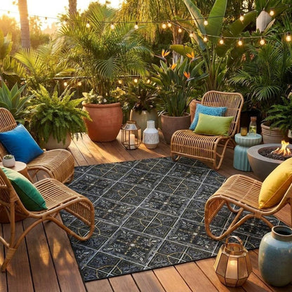 8' Black And Green Round Geometric Washable Indoor Outdoor Area Rug HomeRoots