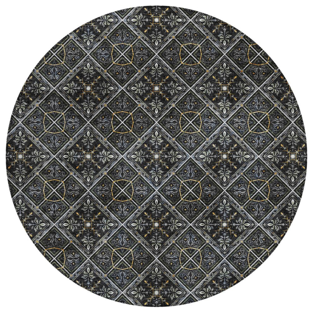 8' Black And Green Round Geometric Washable Indoor Outdoor Area Rug HomeRoots