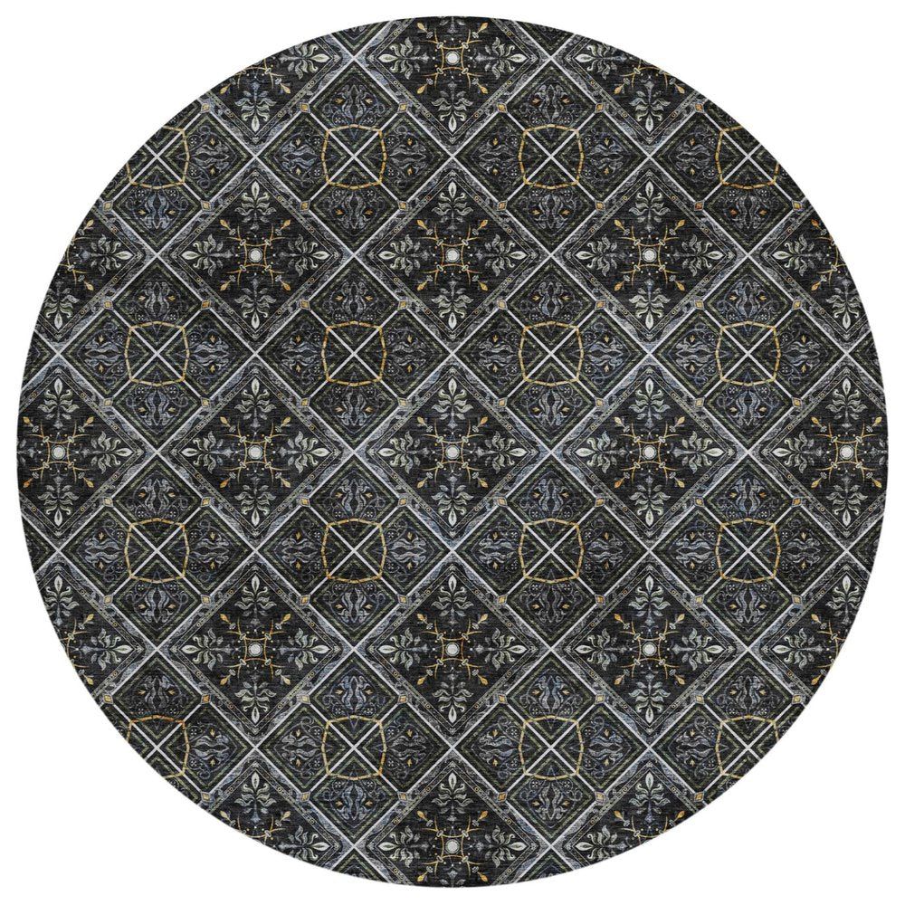 8' Black And Green Round Geometric Washable Indoor Outdoor Area Rug HomeRoots