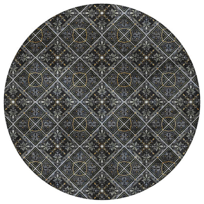 8' Black And Green Round Geometric Washable Indoor Outdoor Area Rug HomeRoots