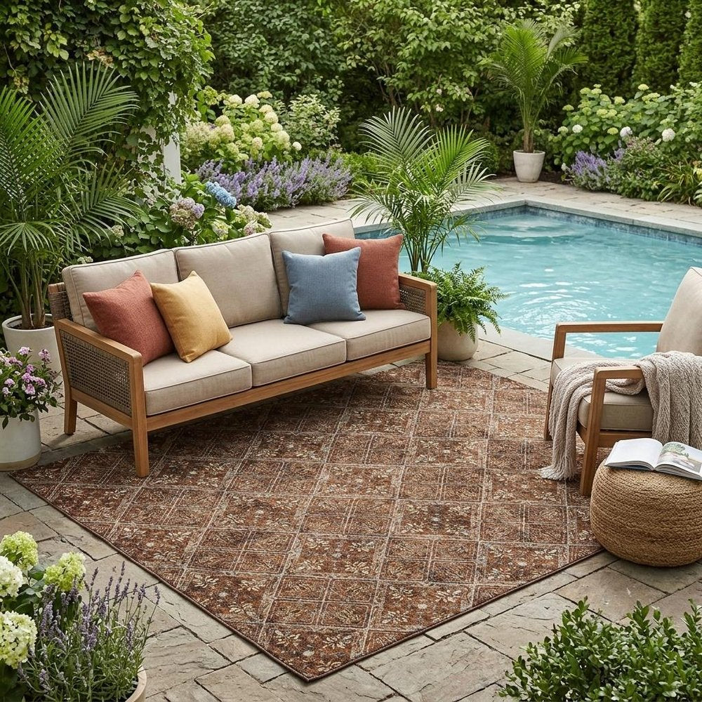 5' X 8' Red And Rust Geometric Washable Indoor Outdoor Area Rug HomeRoots