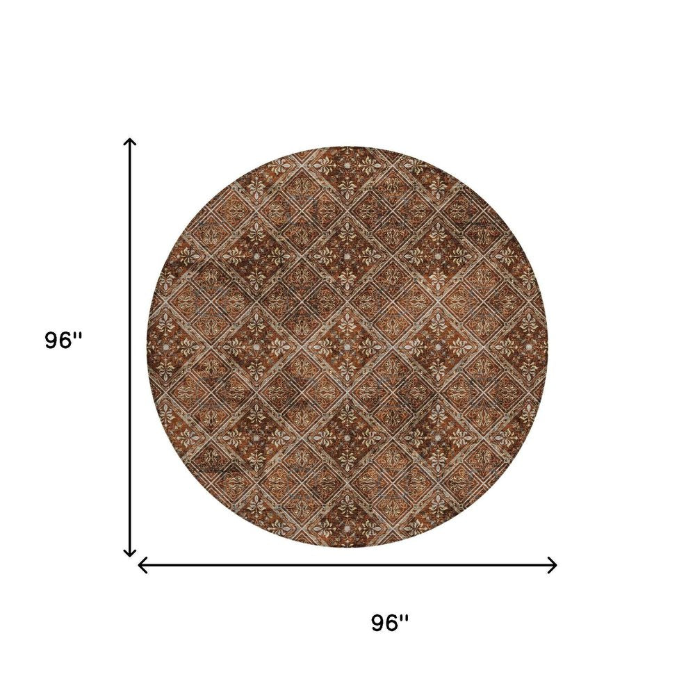 8' Red And Rust Round Geometric Washable Indoor Outdoor Area Rug HomeRoots
