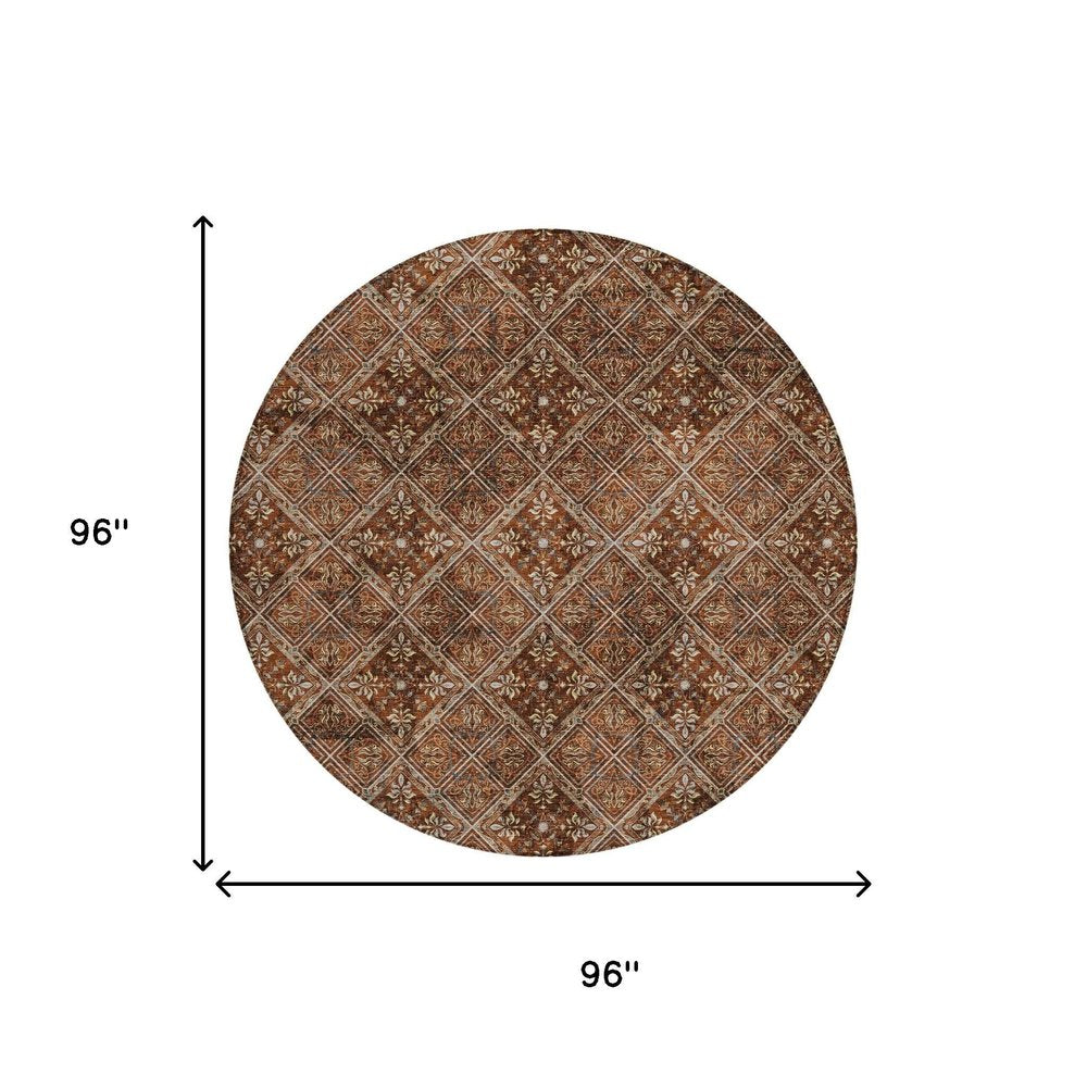 8' Red And Rust Round Geometric Washable Indoor Outdoor Area Rug HomeRoots