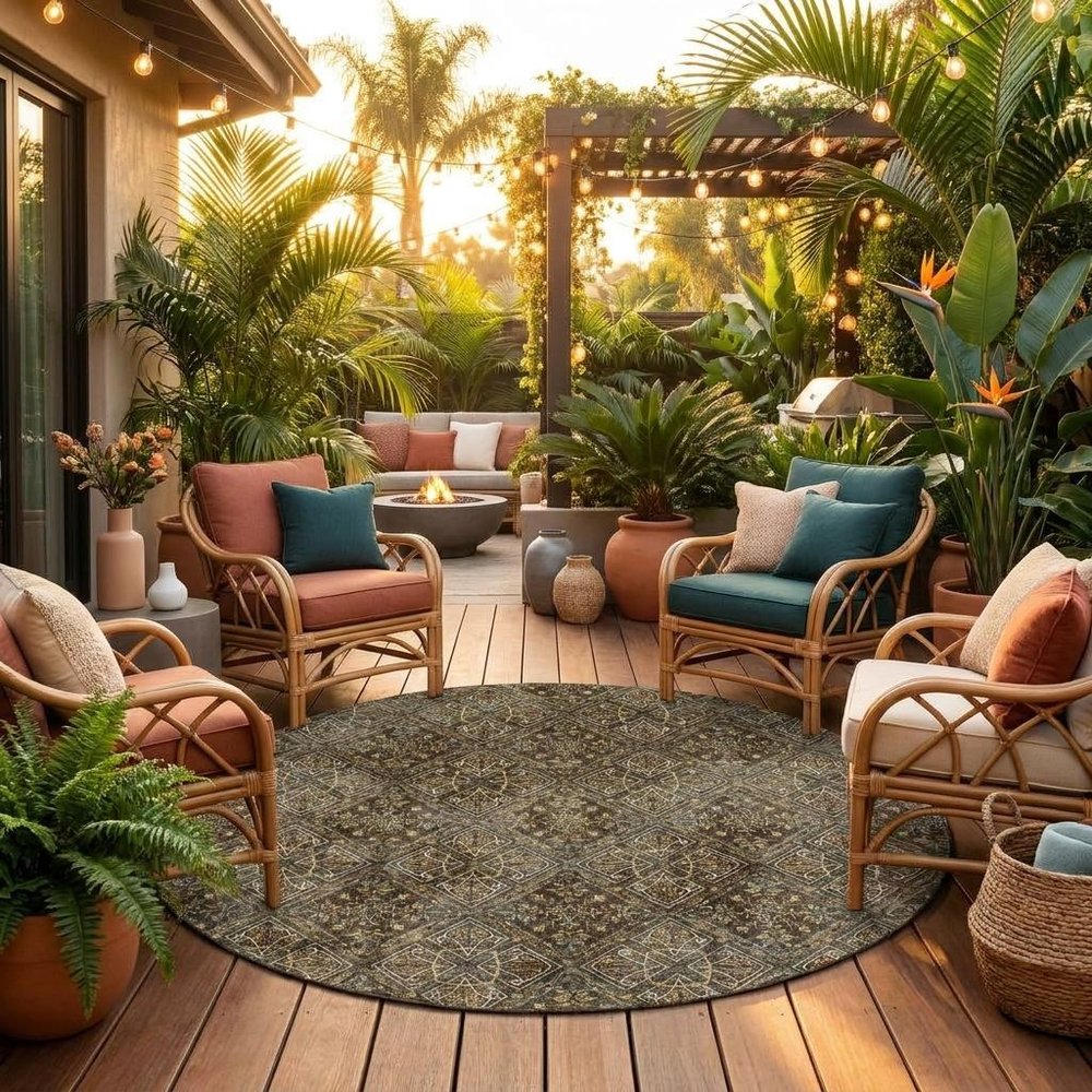 8' Chocolate And Gray Round Geometric Washable Indoor Outdoor Area Rug HomeRoots