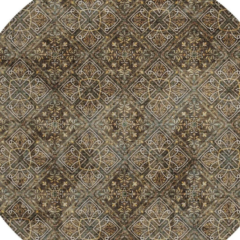 8' Chocolate And Gray Round Geometric Washable Indoor Outdoor Area Rug HomeRoots