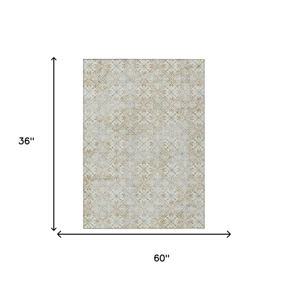 3' X 5' Ivory And Blue Geometric Washable Indoor Outdoor Area Rug HomeRoots