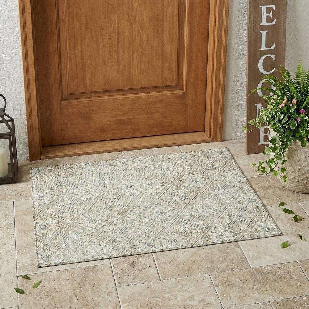3' X 5' Ivory And Blue Geometric Washable Indoor Outdoor Area Rug HomeRoots