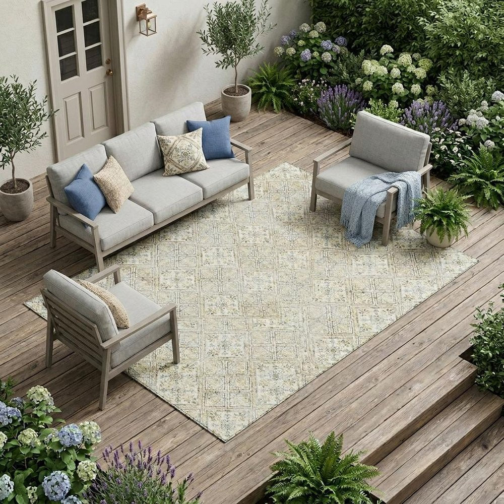 8' X 10' Ivory And Blue Geometric Washable Indoor Outdoor Area Rug HomeRoots