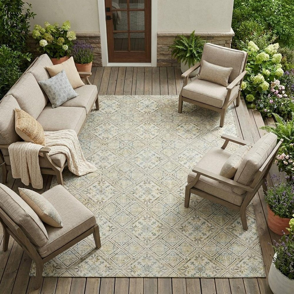 10' X 14' Ivory And Blue Geometric Washable Indoor Outdoor Area Rug HomeRoots
