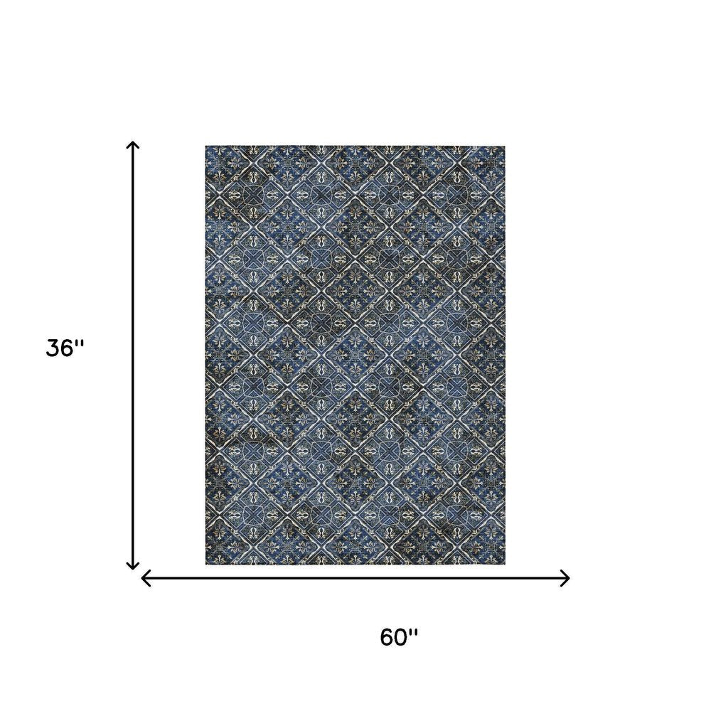 3' X 5' Navy Blue And Gray Geometric Washable Indoor Outdoor Area Rug HomeRoots
