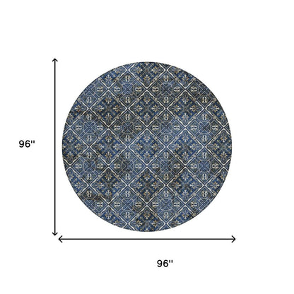 8' Navy Blue And Gray Round Geometric Washable Indoor Outdoor Area Rug HomeRoots