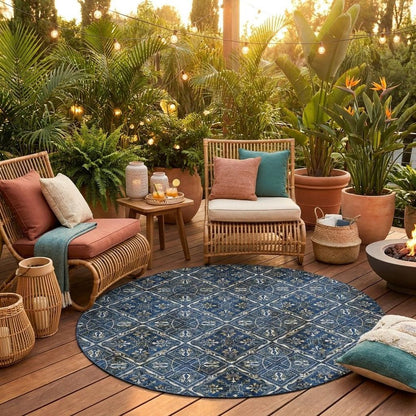 8' Navy Blue And Gray Round Geometric Washable Indoor Outdoor Area Rug HomeRoots