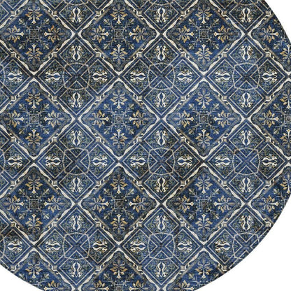 8' Navy Blue And Gray Round Geometric Washable Indoor Outdoor Area Rug HomeRoots