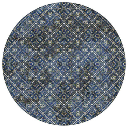 8' Navy Blue And Gray Round Geometric Washable Indoor Outdoor Area Rug HomeRoots