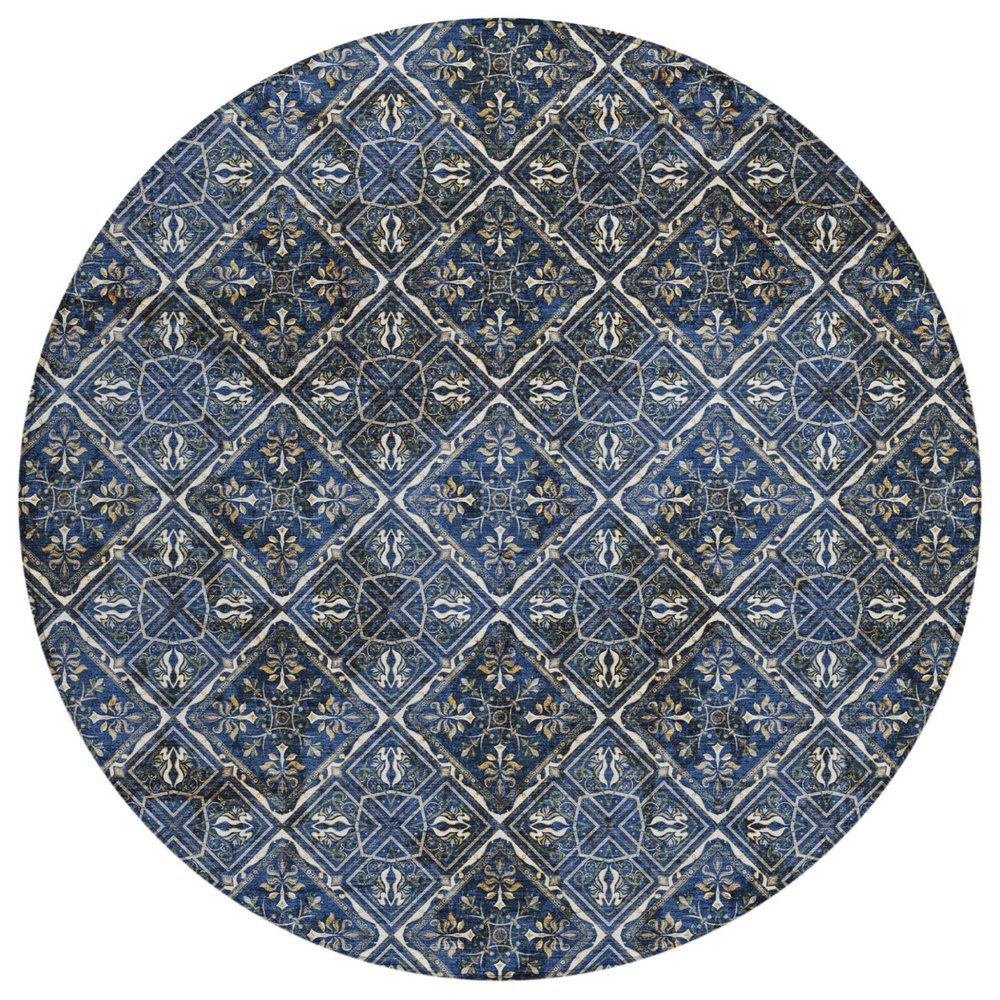 8' Navy Blue And Gray Round Geometric Washable Indoor Outdoor Area Rug HomeRoots
