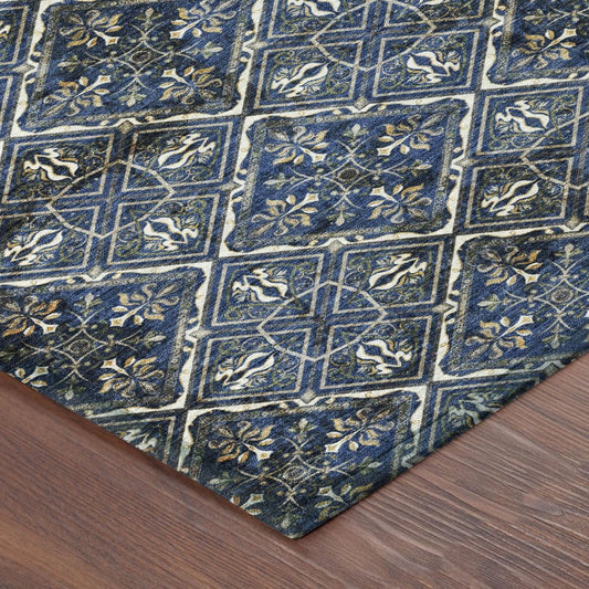 8' Navy Blue And Gray Round Geometric Washable Indoor Outdoor Area Rug HomeRoots