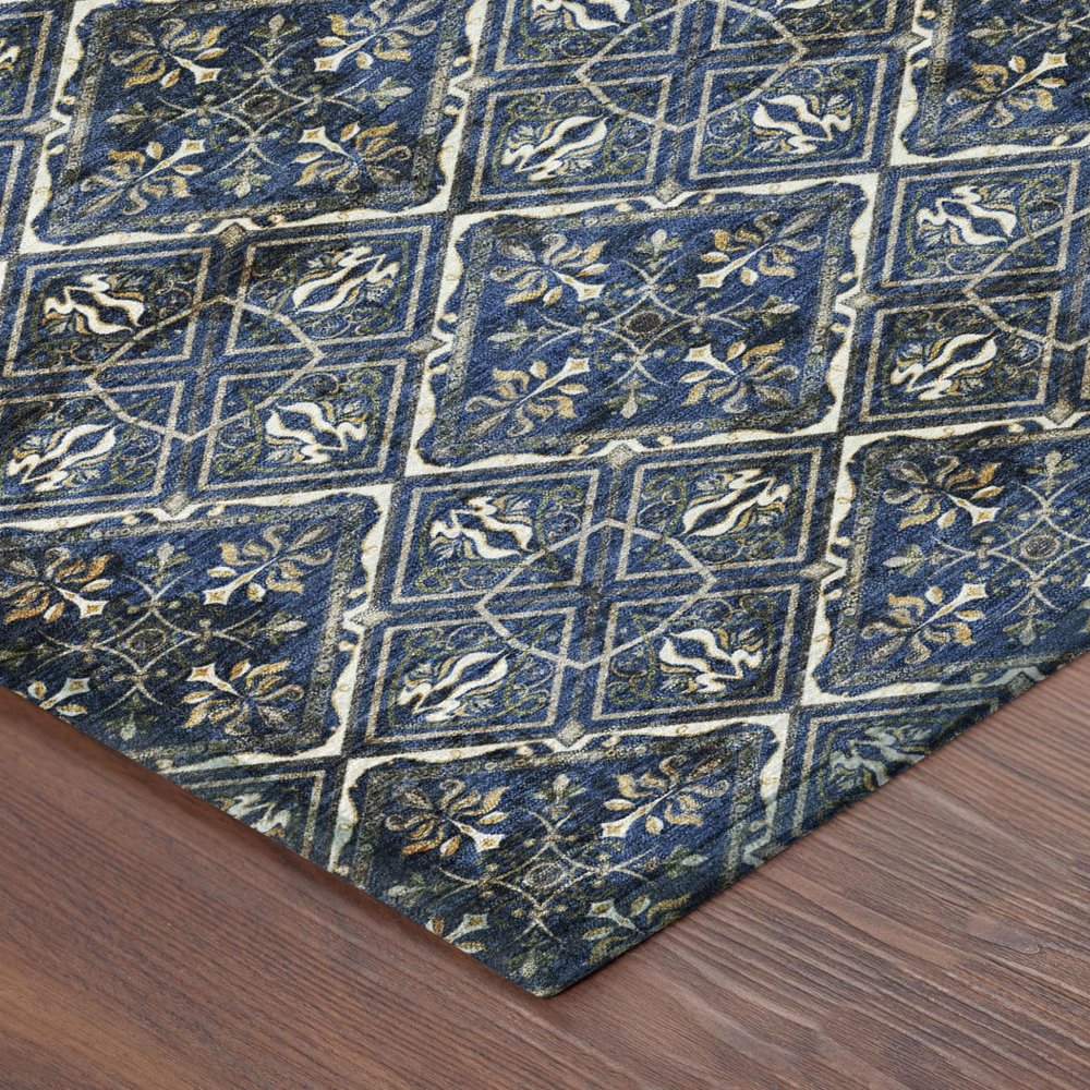 8' Navy Blue And Gray Round Geometric Washable Indoor Outdoor Area Rug HomeRoots