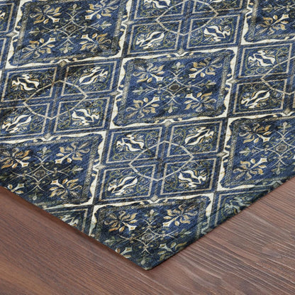 8' Navy Blue And Gray Round Geometric Washable Indoor Outdoor Area Rug HomeRoots