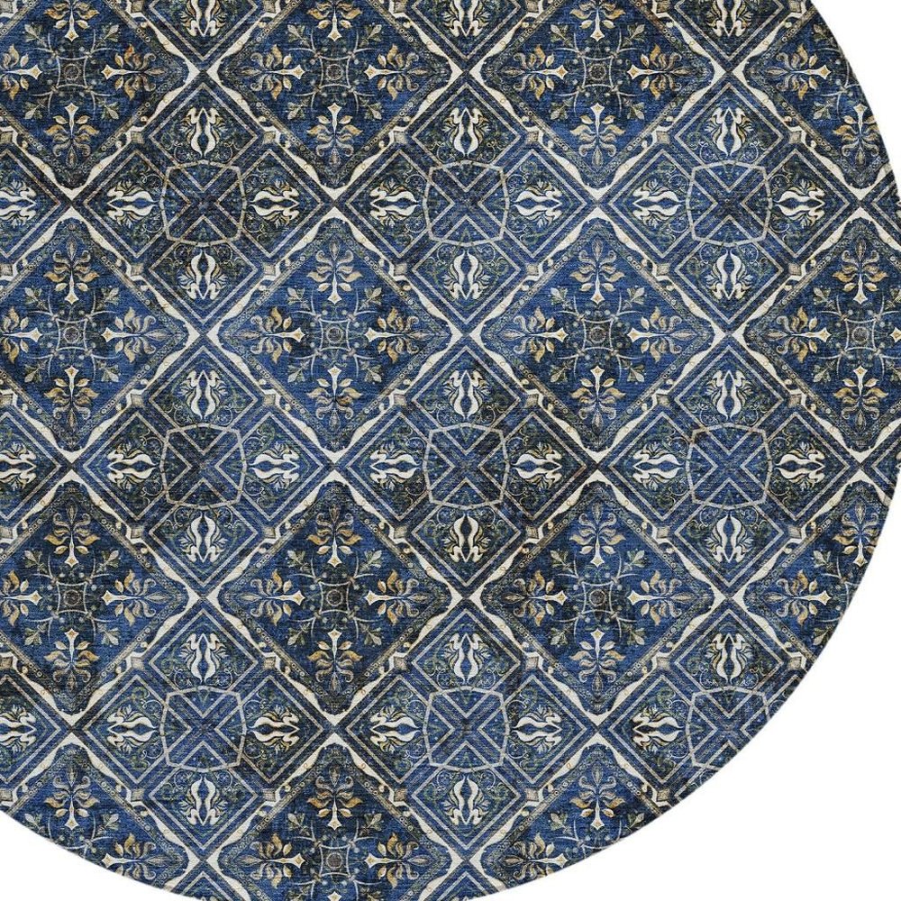 8' Navy Blue And Gray Round Geometric Washable Indoor Outdoor Area Rug HomeRoots