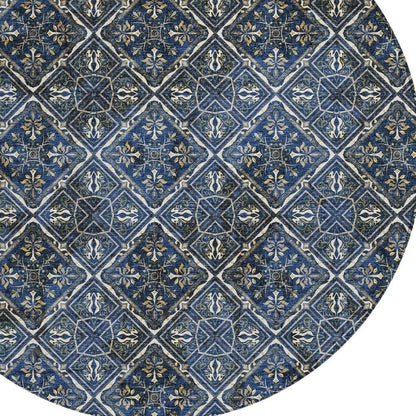 8' Navy Blue And Gray Round Geometric Washable Indoor Outdoor Area Rug HomeRoots