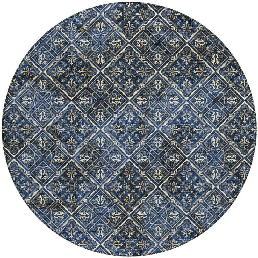 8' Navy Blue And Gray Round Geometric Washable Indoor Outdoor Area Rug HomeRoots