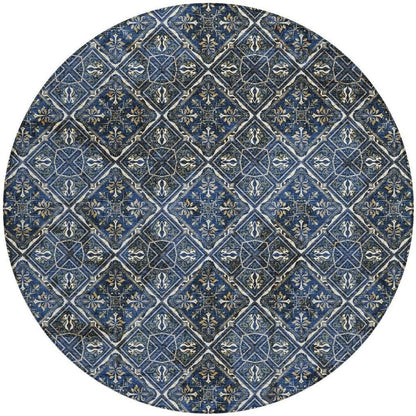 8' Navy Blue And Gray Round Geometric Washable Indoor Outdoor Area Rug HomeRoots