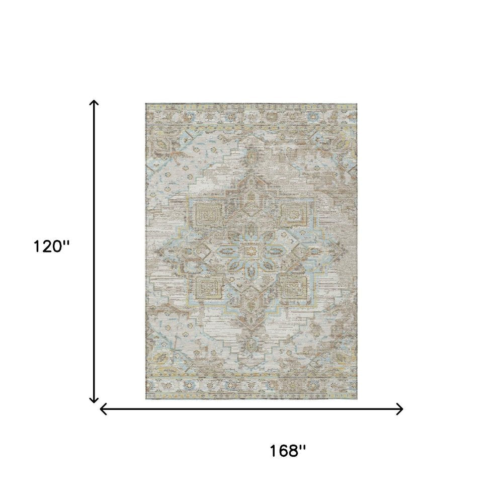 10' X 14' Ivory And Orange Oriental Washable Indoor Outdoor Area Rug — view 4
