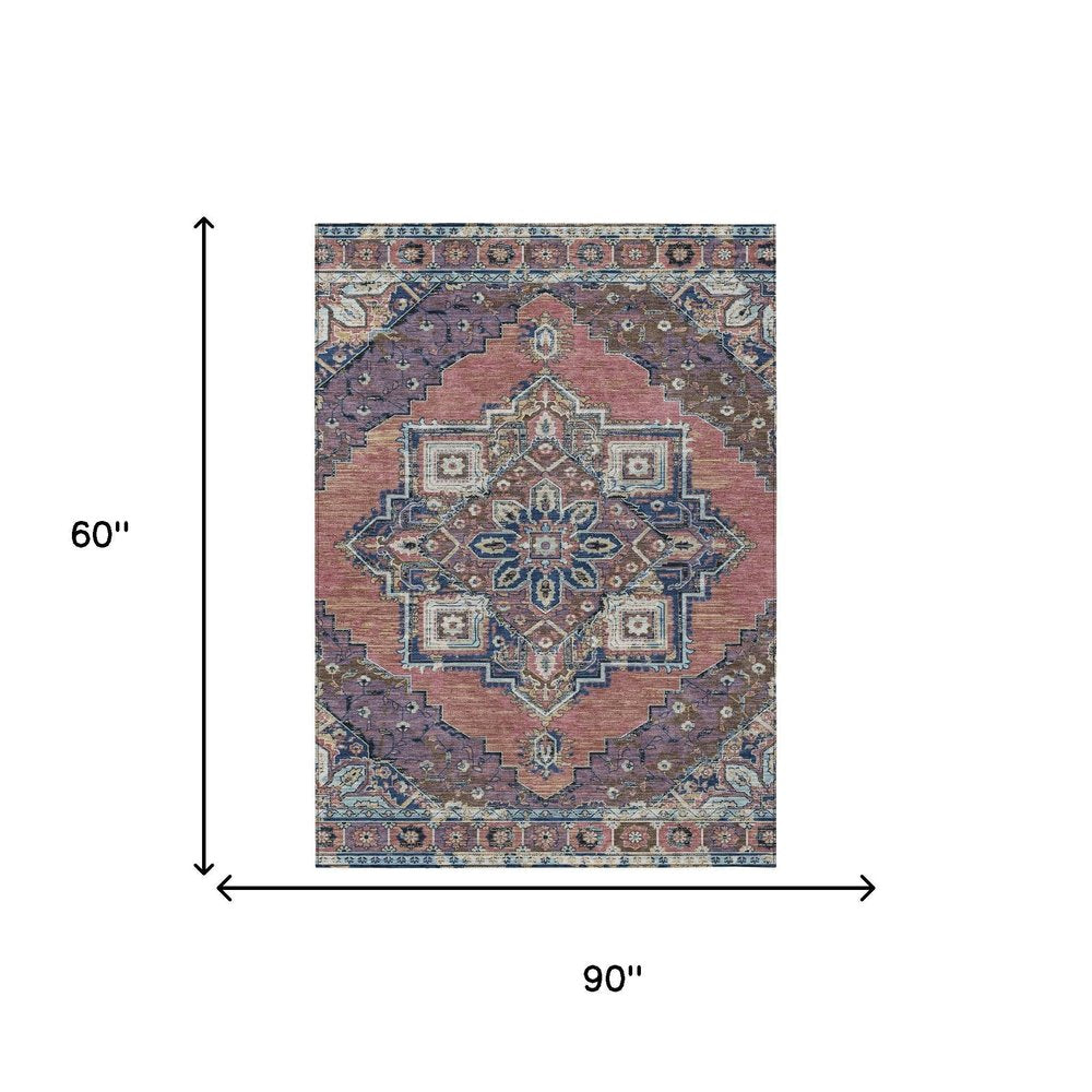 5' X 8' Merlot And Gold Oriental Washable Indoor Outdoor Area Rug — view 4