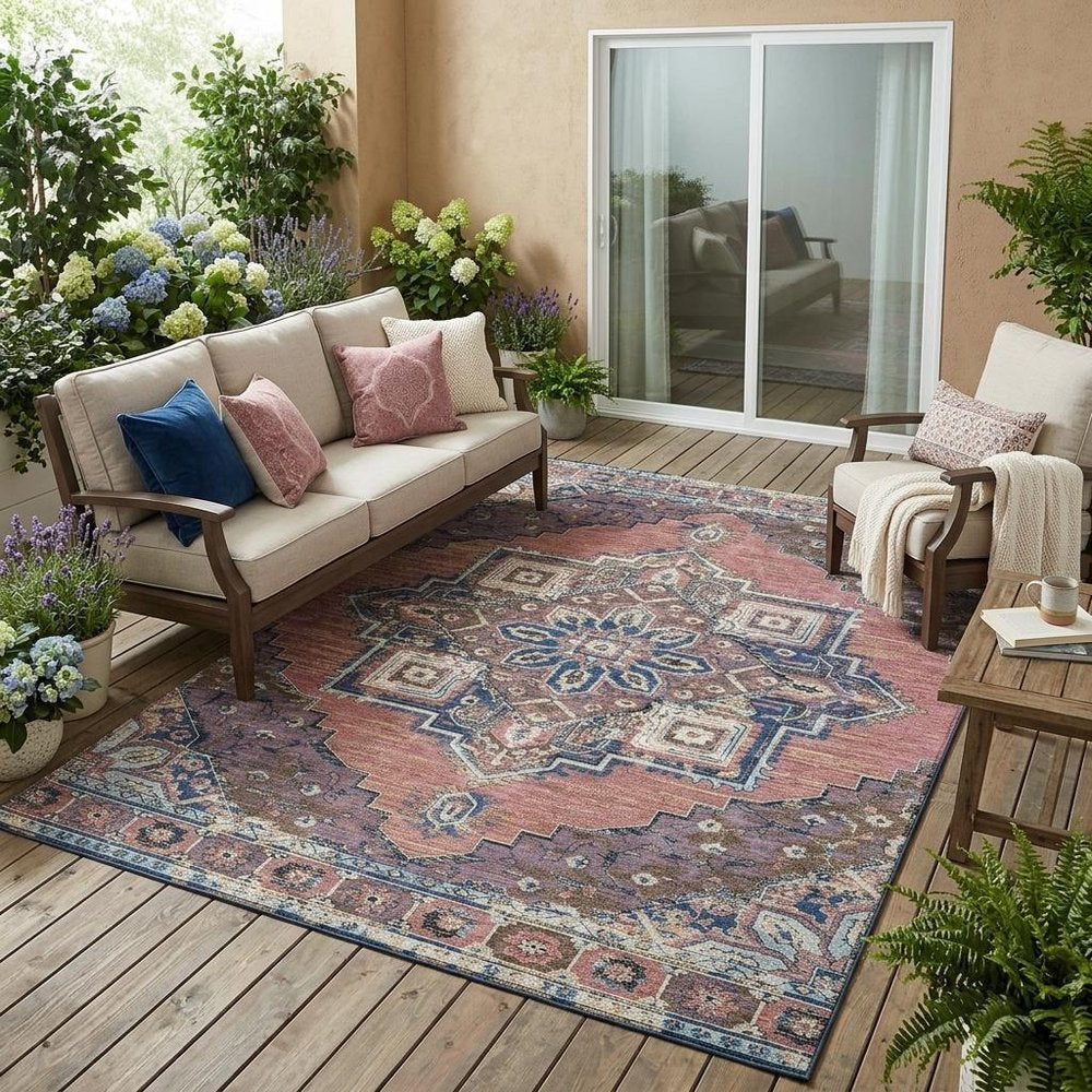 5' X 8' Merlot And Gold Oriental Washable Indoor Outdoor Area Rug — view 5