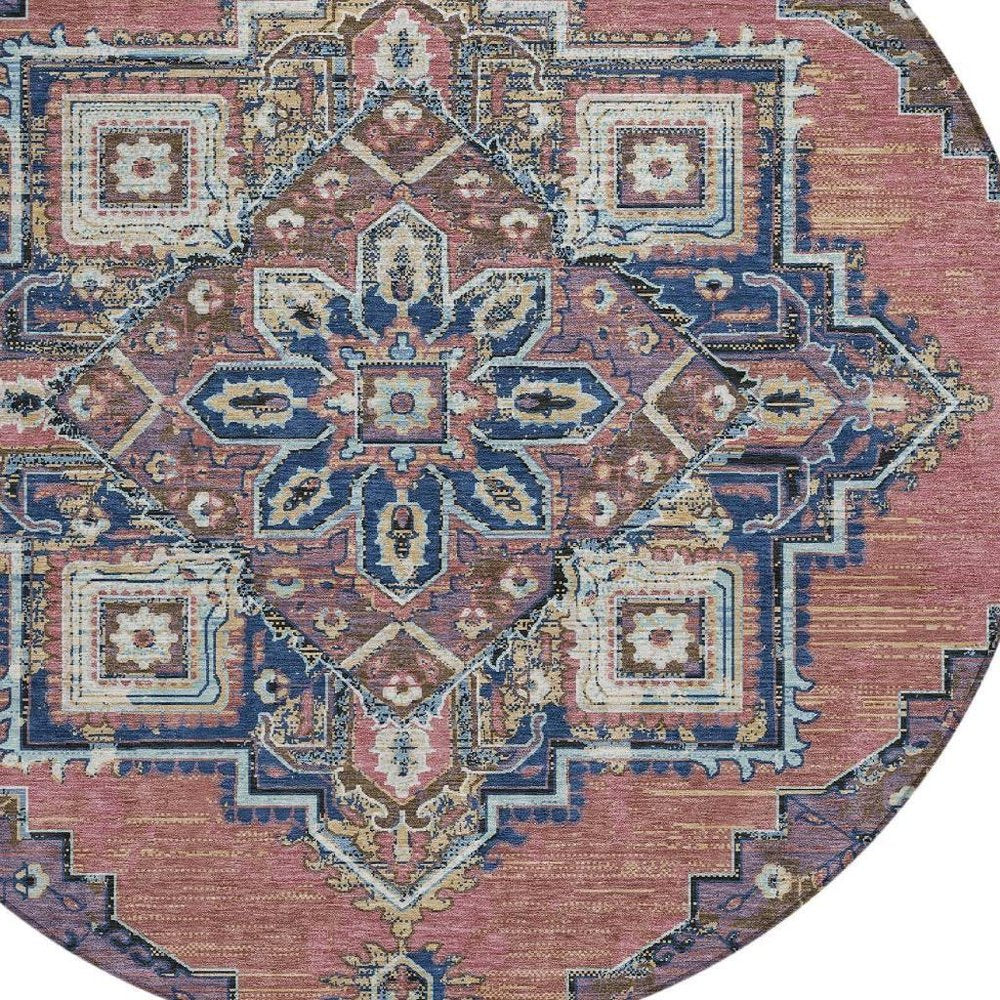 8' Merlot And Gold Round Oriental Washable Indoor Outdoor Area Rug — view 6