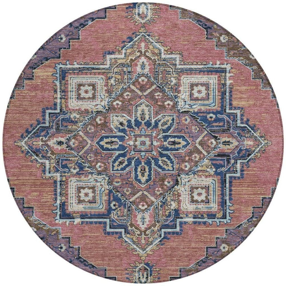 8' Merlot And Gold Round Oriental Washable Indoor Outdoor Area Rug HomeRoots