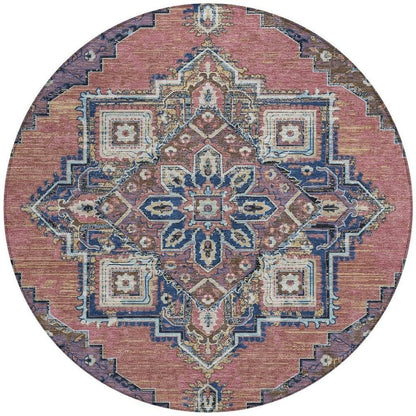 8' Merlot And Gold Round Oriental Washable Indoor Outdoor Area Rug HomeRoots