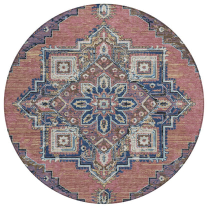 8' Merlot And Gold Round Oriental Washable Indoor Outdoor Area Rug HomeRoots