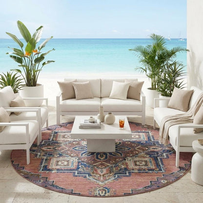 8' Merlot And Gold Round Oriental Washable Indoor Outdoor Area Rug HomeRoots
