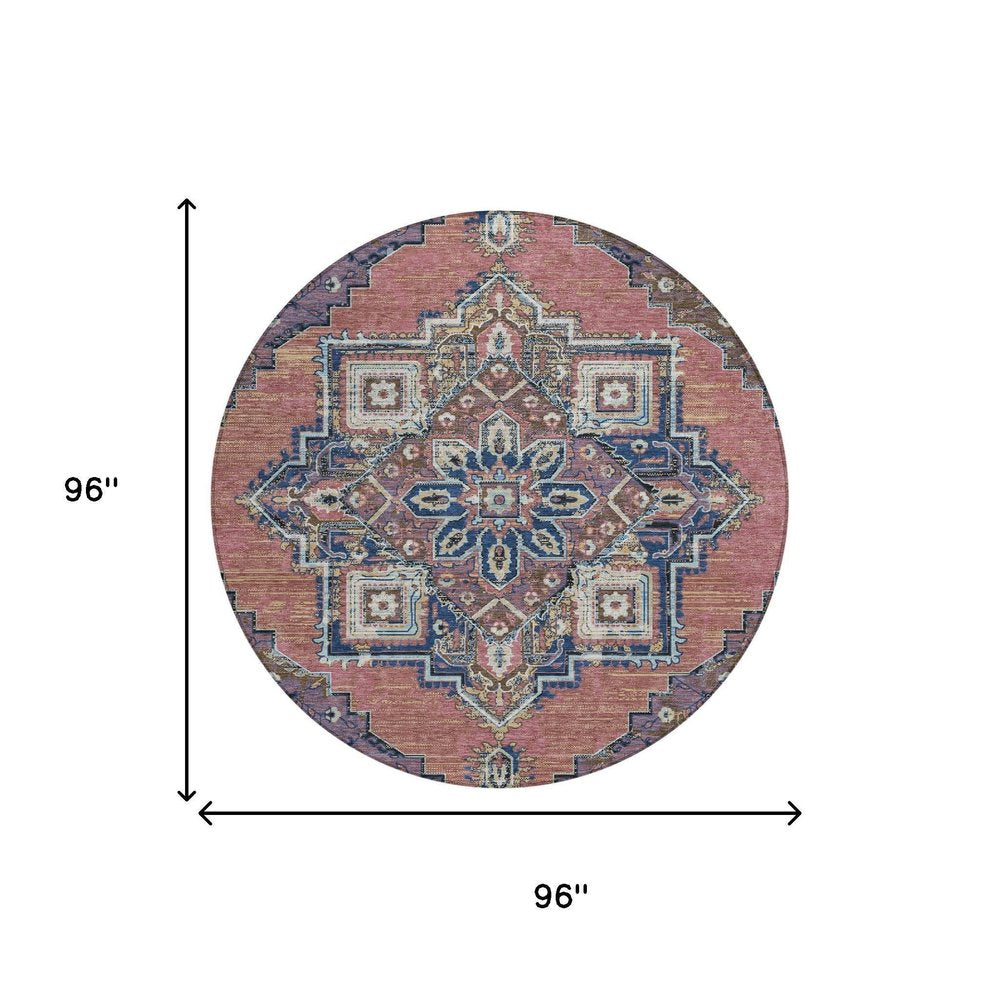 8' Merlot And Gold Round Oriental Washable Indoor Outdoor Area Rug HomeRoots