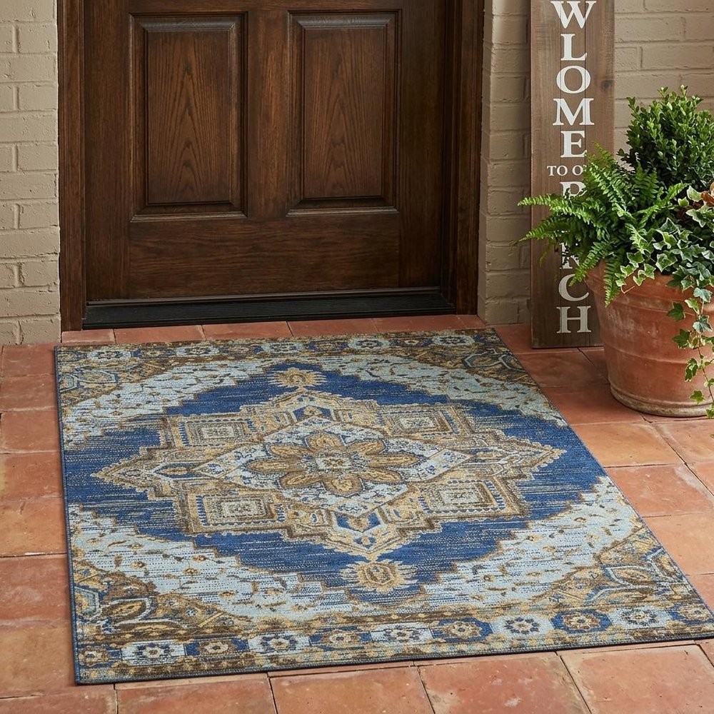 3' X 5' Navy Blue And Linen Oriental Washable Indoor Outdoor Area Rug HomeRoots