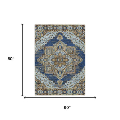 5' X 8' Navy Blue And Linen Oriental Washable Indoor Outdoor Area Rug HomeRoots