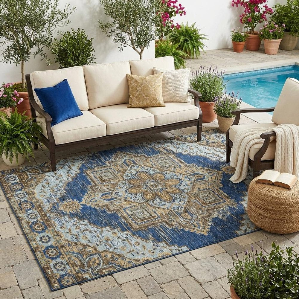 5' X 8' Navy Blue And Linen Oriental Washable Indoor Outdoor Area Rug HomeRoots