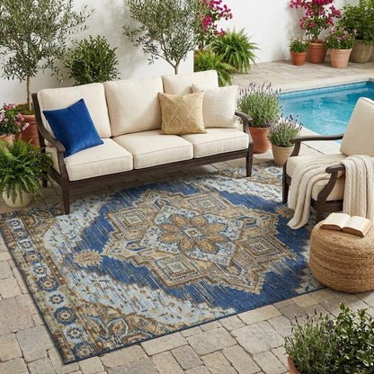 5' X 8' Navy Blue And Linen Oriental Washable Indoor Outdoor Area Rug HomeRoots