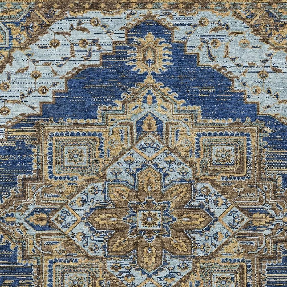 5' X 8' Navy Blue And Linen Oriental Washable Indoor Outdoor Area Rug HomeRoots
